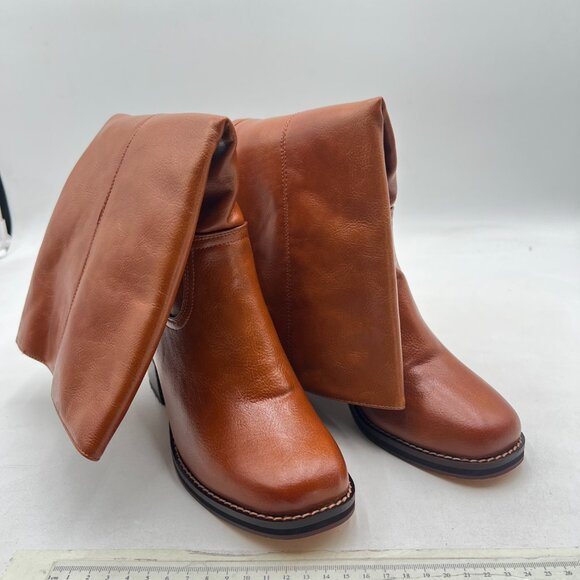 Brown Chic Chunky Low Heel Mid Calf Boots Square Toe Pull on Winter Fall Booties